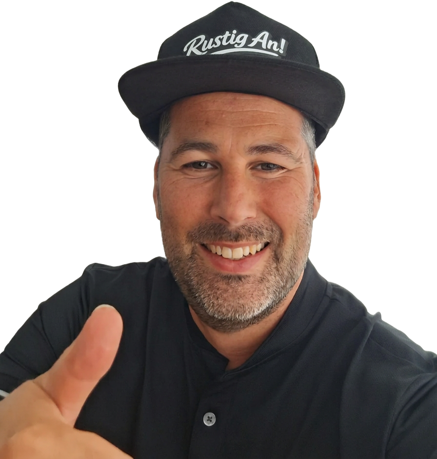 Jan Rustig An met zwarte Rustig An-pet